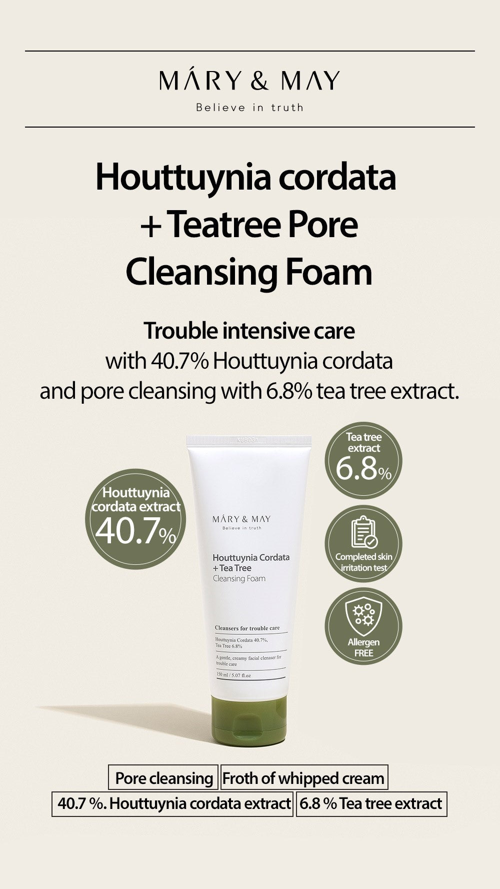 [Mary&May] Houttuynia Cordata + Tea Tree Cleansing Foam - 150ml